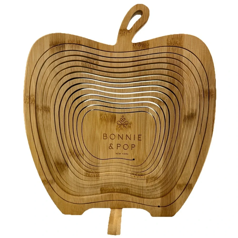 Bonnie & Pop Bamboo Apple Shaped Folding Basket Trivet Cutting Board NWOT Unused